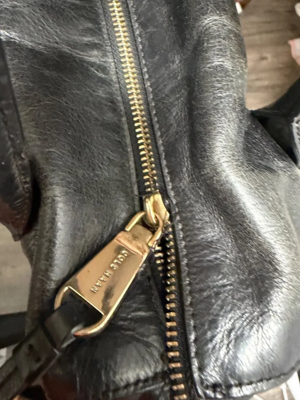 Cole Haan Black Leather Croc-Embossed Satchel Bag With Dual Handles & Zipper Clo